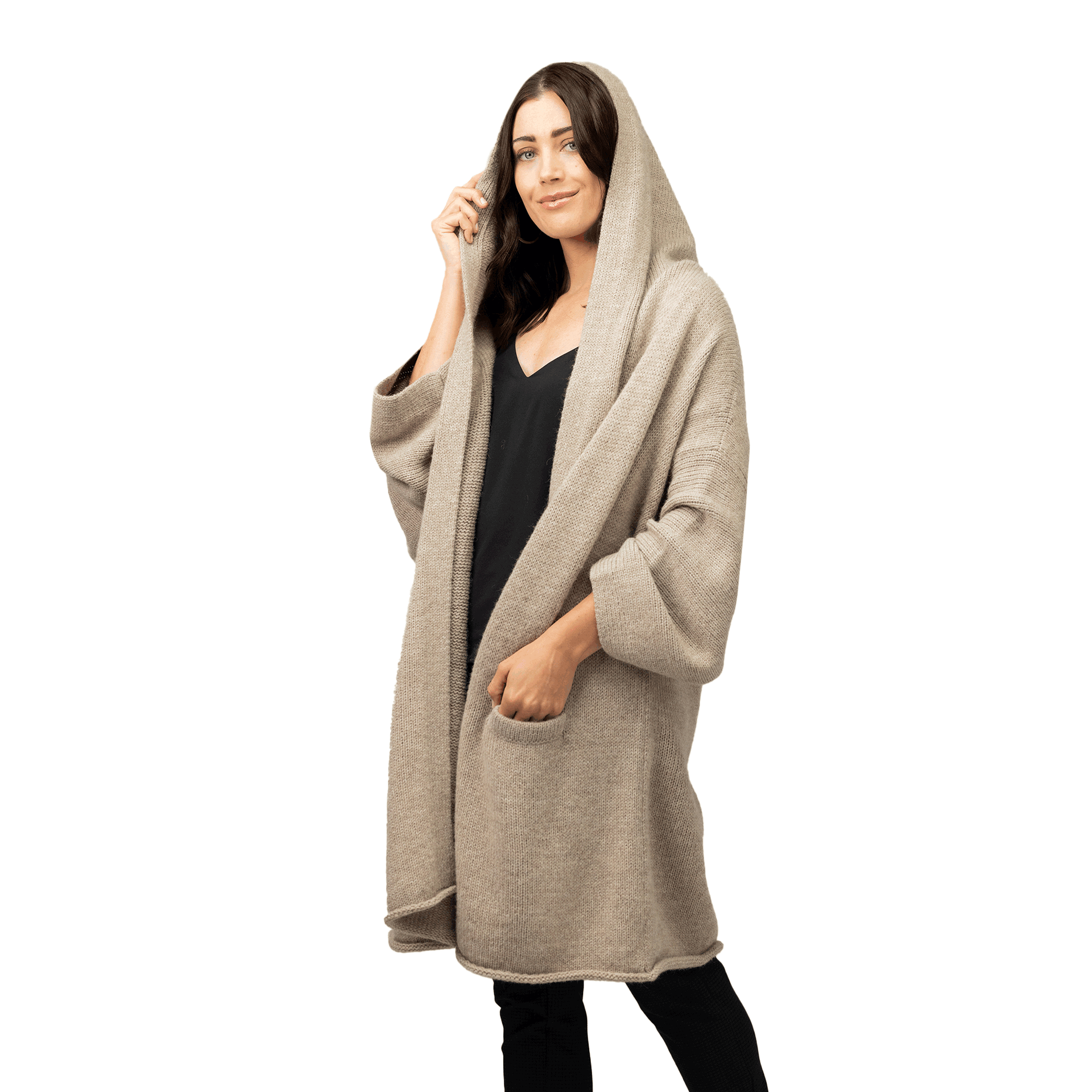 トップス SERIALIZE LONG HOODED CARDIGAN Brand Long Hooded Ruffle Shawl Collar Open Front Lightweight Drape