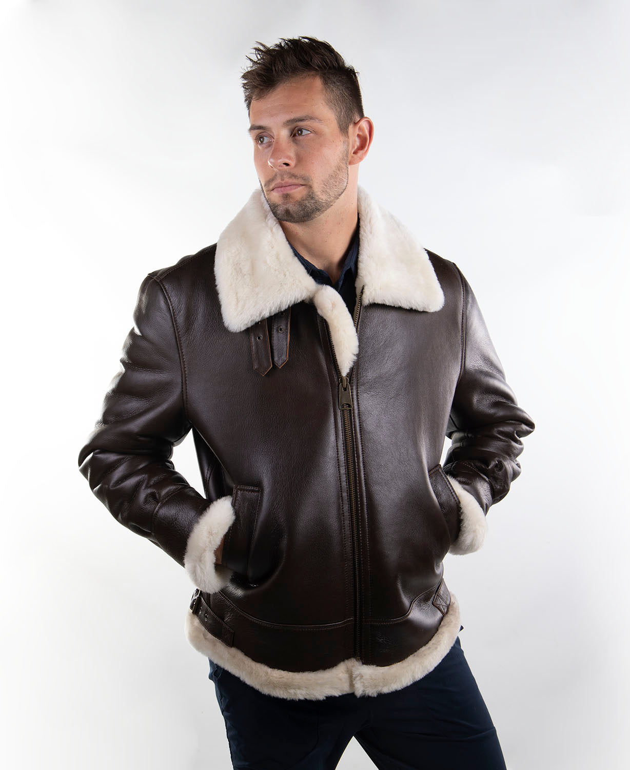 Mens Sheepskin Whiskey Bomber Coat, XL